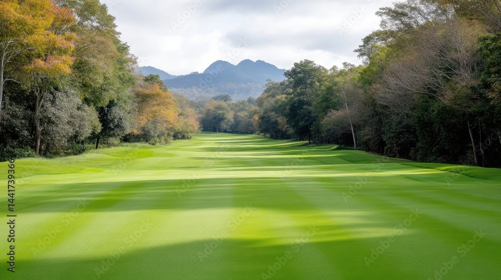 Obraz premium Lush green golf course fairway bordered by dense forest trees leading towards distant mountains under a cloudy sky.