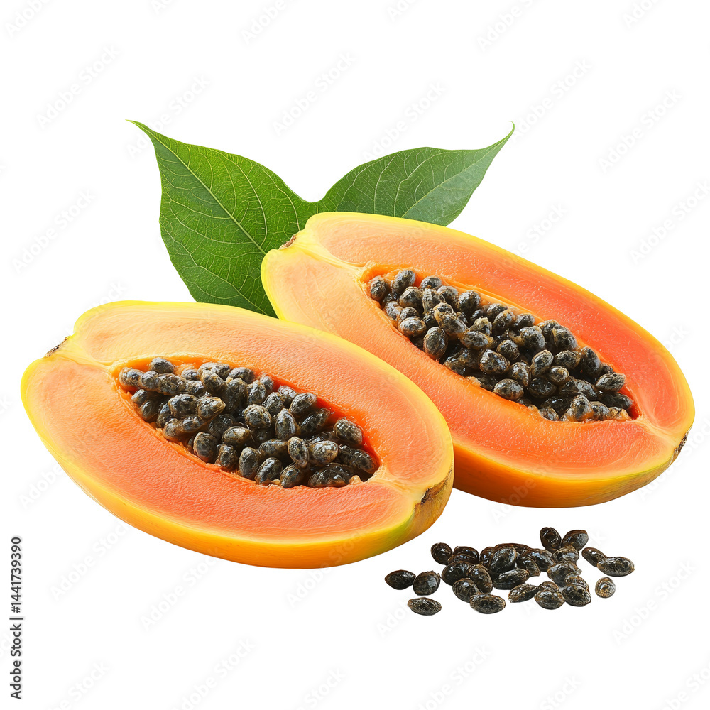 Fresh ripe papaya fruit halves with seeds on a transparent background highlighting their vibrant color and texture, ripe papaya fruit with seeds isolated on transparent background Fresh ripe papaya fruit halves with seeds on a transparent background highlighting their vibrant color and texture, ripe papaya fruit with seeds isolated on transparent background