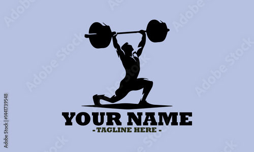 A weight lifting muscle man or bodybuilder weightlifting weights, vector illustrator and one weightlifter lifting a barbell isolated on logo background