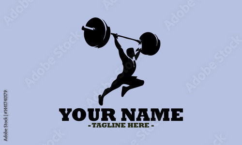 A weight lifting muscle man or bodybuilder weightlifting weights, vector illustrator and one weightlifter lifting a barbell isolated on logo background