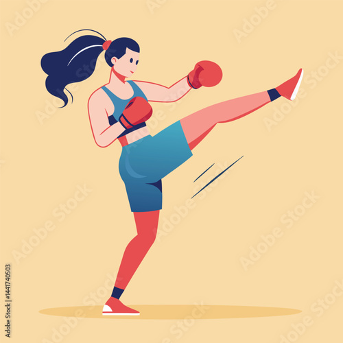 Woman boxing. Female fighter in boxing gloves practices kick, punching and hitting. Strong girl athlete at sports training or workout. Flat vector illustration isolated on background