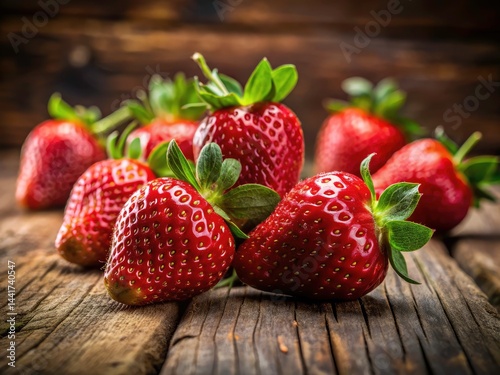 Close-up Strawberry Photography: Juicy Red Berries Isolated on Wooden Table