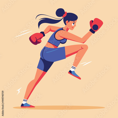 Woman boxing. Female fighter in boxing gloves practices kick, punching and hitting. Strong girl athlete at sports training or workout. Flat vector illustration isolated on background