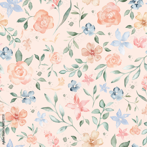 Wallpaper Mural Coral pink and blue color flowers and green leaves watercolor seamless pattern on white background. Soft pastel colors water color for beauty products or other. Hand drawn illustration isolated. Torontodigital.ca