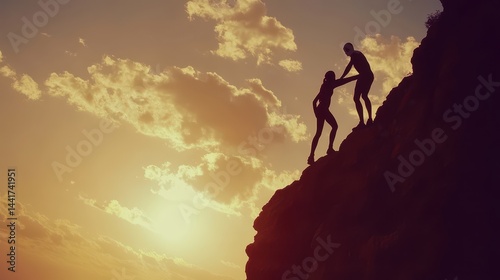 Silhouette of climbers aided by a friend at sunset.