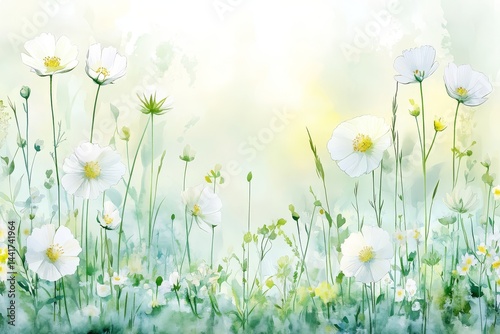 Spring watercolor background with white flowers, grasses, and wildflowers in soft pastel tones, isolated with space for text on transparent background