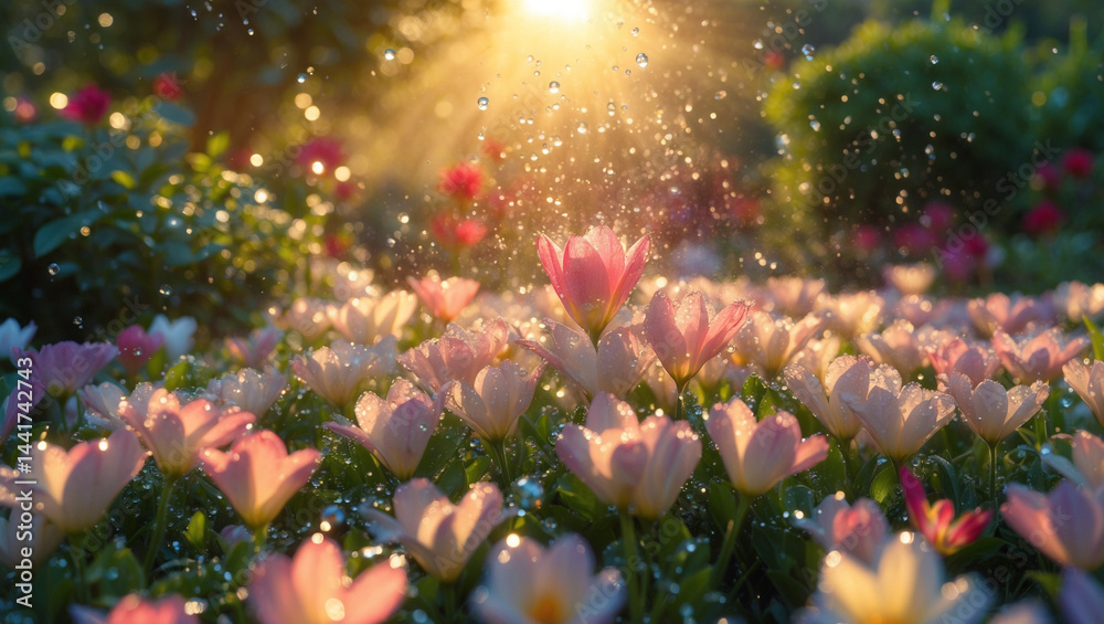 custom made wallpaper toronto digitalVibrant sunlight filters through delicate, dew kissed flower petals in a lush, vibrant garden, capturing the essence of unfettered joy