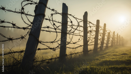 A rusty barbed wire fence casting long, twisted, and ominous shadows on the dew-kissed grass, conveying an eerie sense of foreboding and entrapment