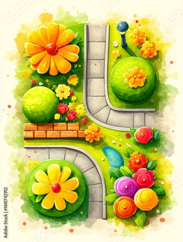 Plano estilizado de un jardín con caminos, flores grandes y arbustos decorativos en vista superior.
