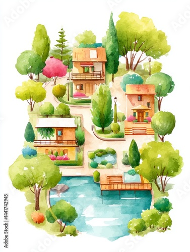  Escena pintada en acuarela de un pueblo acogedor con árboles, casas y un lago pequeño.
