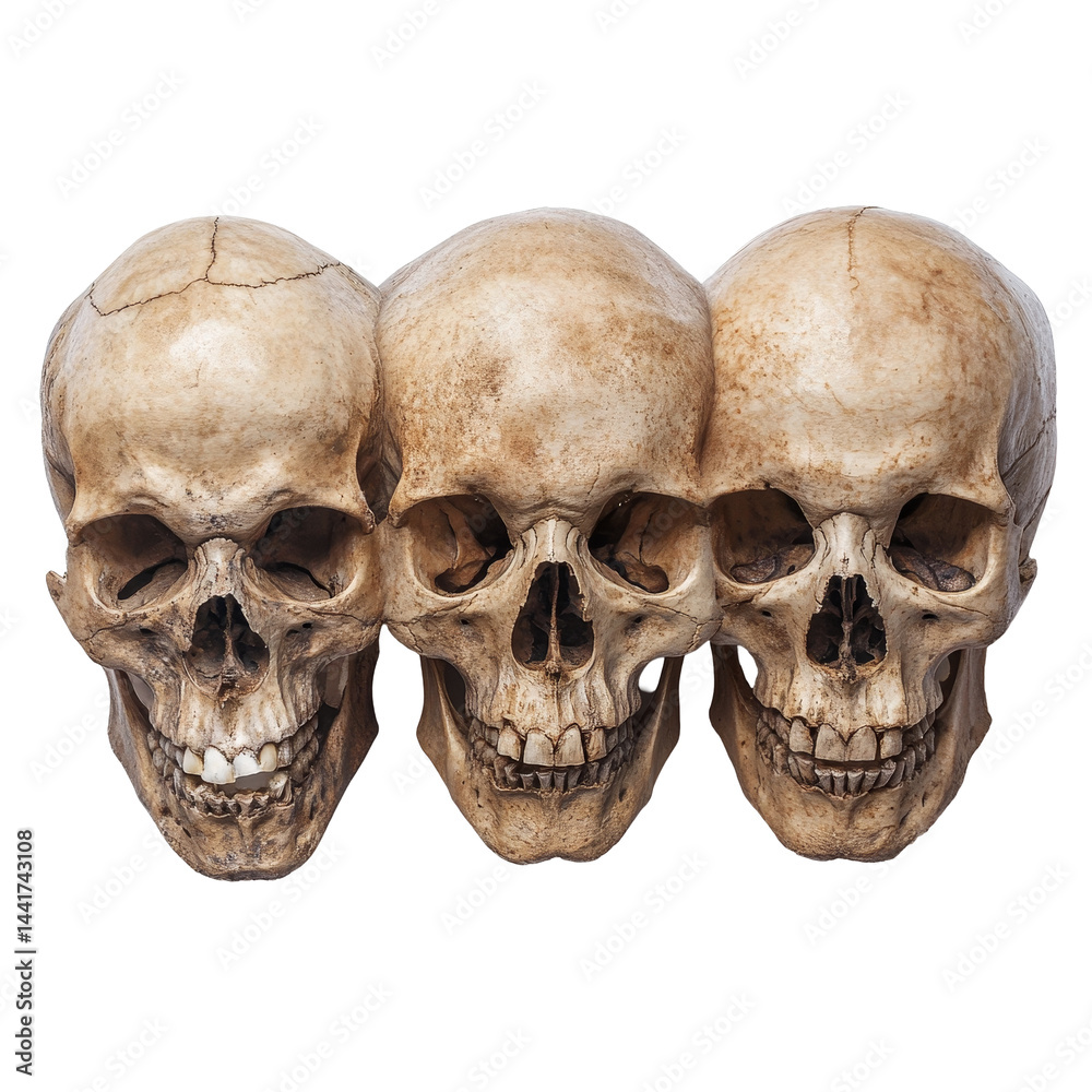 Obraz premium Three human skulls displayed against a transparent background showcasing anatomical details and structure, Human Skulls on transparent background