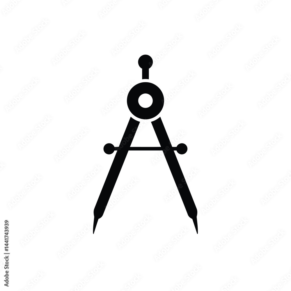 Black drawing compass illustration representing precision and geometry on white background Black drawing compass illustration representing precision and geometry on white background