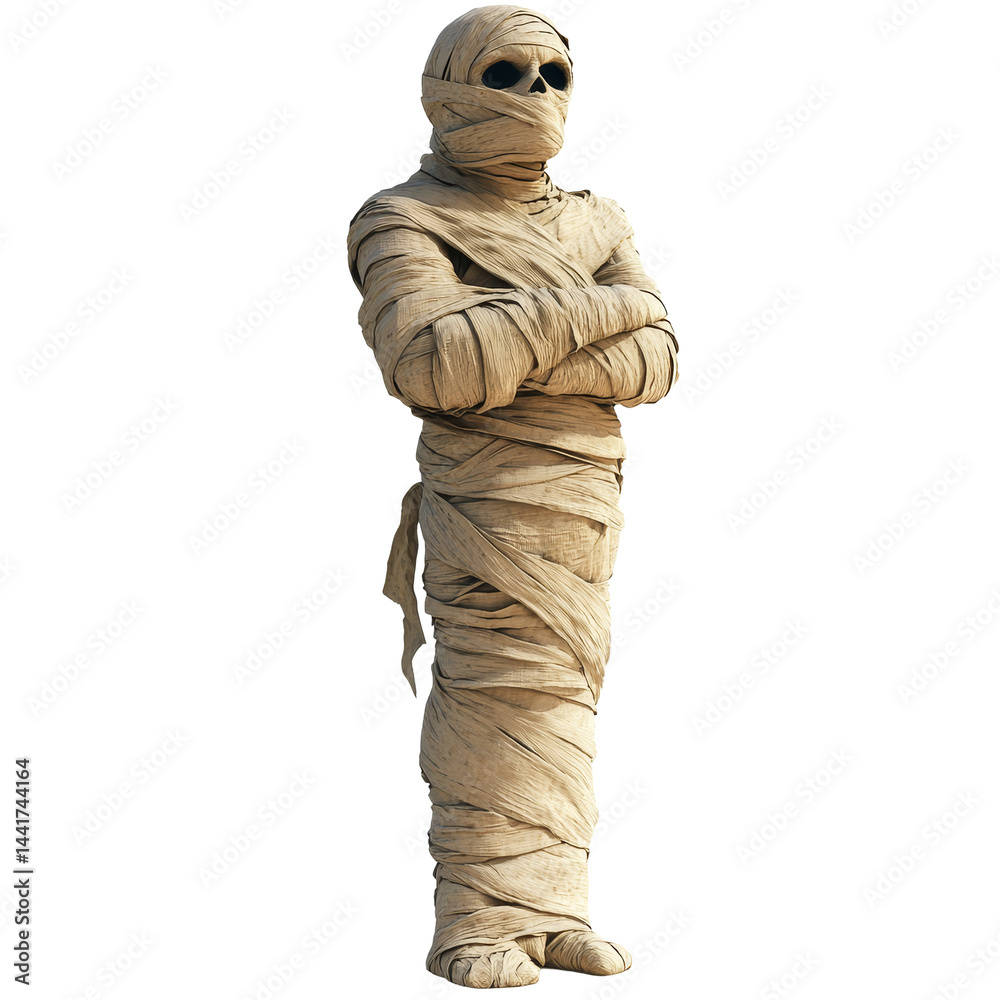Fototapeta premium Scary mummy wrapped in bandages standing in an eerie pose against a stark transparent background, scary mummy wrapped in bandages, file of isolated object with shadow on transparent background