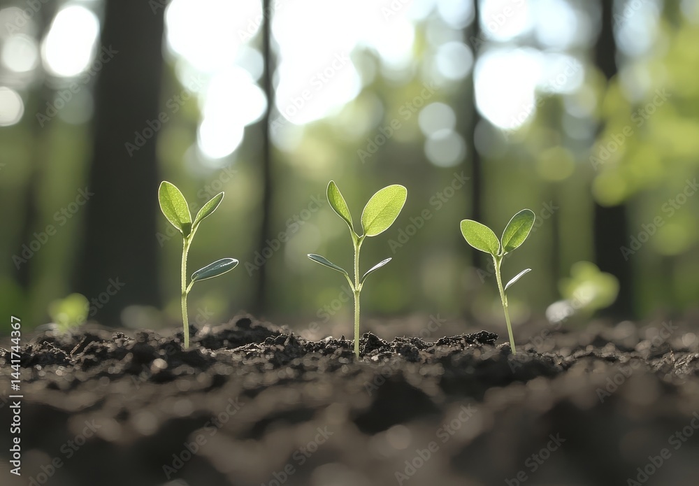 Fototapeta premium Three young green seedlings sprouting from soil under sunlight, symbolizing growth, nature, sustainability, and environmental care