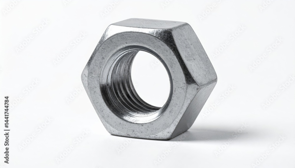 Close up view of a single metallic hex nut isolated on white background showing intricate details Close up view of a single metallic hex nut isolated on white background showing intricate details