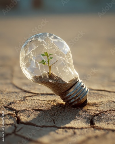 A cracked light bulb lying in desert sand with tiny green sprout growing from the broken glass, symbolizing hope through innovation