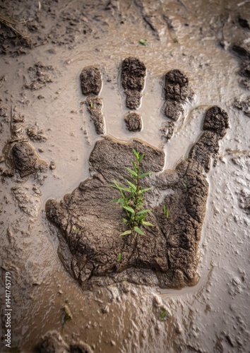 A clear handprint imprint in wet mud slowly sprouting small green shoots inside the hand shape, concept of human impact and healing