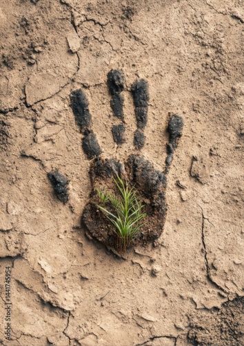 A clear handprint imprint in wet mud slowly sprouting small green shoots inside the hand shape, concept of human impact and healing