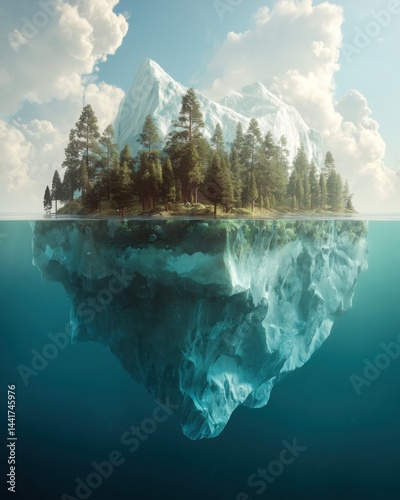 Visual of a giant transparent iceberg floating in the sky with forest trees growing on top, fusion of land, air and water ecosystems