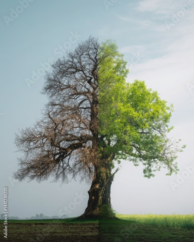 A large tree with visible half dry branches and half lush green foliage under the same sky, split composition, concept of climate impact