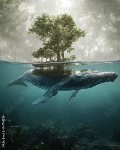 Artistic visual of giant whale swimming under a forest canopy instead of ocean, fusion of land and sea ecosystems, surreal nature poster