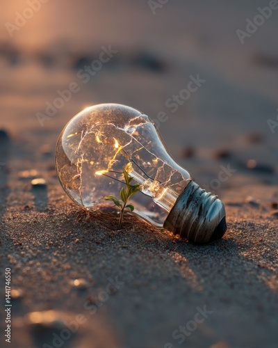 A cracked light bulb lying in desert sand with tiny green sprout growing from the broken glass, symbolizing hope through innovation