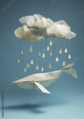 A paper origami whale floating midair under rainclouds made of recycled paper, fusion of marine and recycling themes