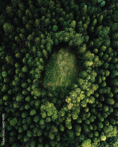 Forest canopy shaped like a human fingerprint, top-down perspective, concept of personal responsibility toward nature