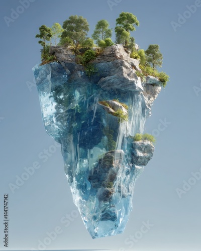Visual of a giant transparent iceberg floating in the sky with forest trees growing on top, fusion of land, air and water ecosystems