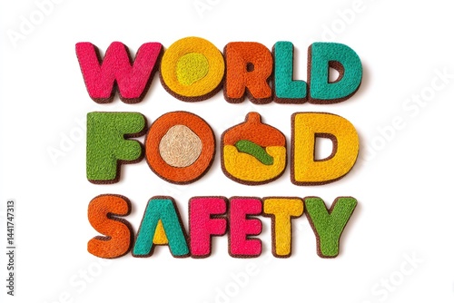World Food Safety is emphasized by colorful string art letters, creating a vibrant and playful message designed to promote awareness and ensure safe food handling practices globally.