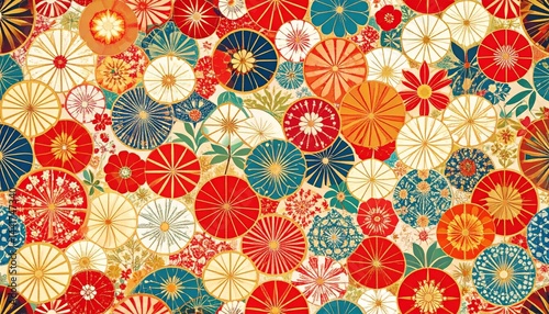 Vibrant Japanese style floral umbrella pattern background design for textile and fashion prints
