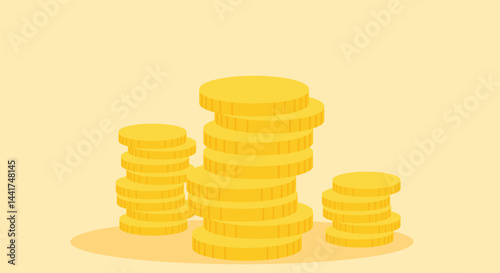 design of stacked and scattered money coins casting soft shadows on a solid background, symbolizing wealth, savings, economy, and financial growth