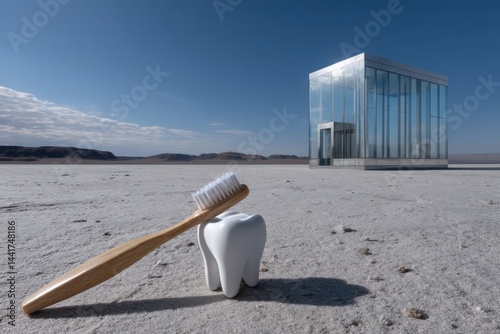 An artistic portrayal of a toothbrush next to a large tooth set against a vast desert landscape, blending modern dental care themes with surreal and thought-provoking visuals.