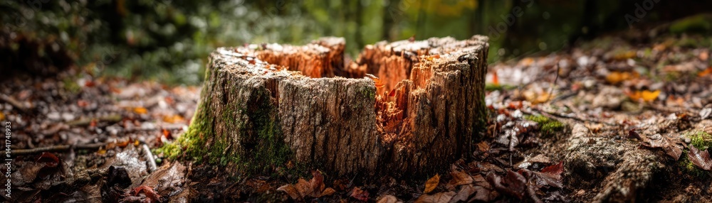 Tree stump revealing habitat destruction and environmental loss concept. A close-up view of a tree stump surrounded by fallen leaves. Tree stump revealing habitat destruction and environmental loss concept. A close-up view of a tree stump surrounded by fallen leaves.