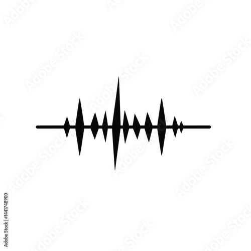 Black sound waveform on white background representing audio signal frequency pattern