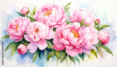 Beautiful Pink Peonies Watercolor PaintingFloral Art Botanical Illustration