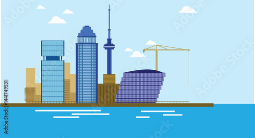 illustration of a cityscape on the sea shore with a port, featuring buildings, water, and boats, symbolizing urban life, coastal beauty, and maritime activity in a minimalist style