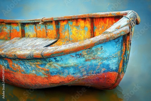 Colorful weathered wooden boat resting on water.