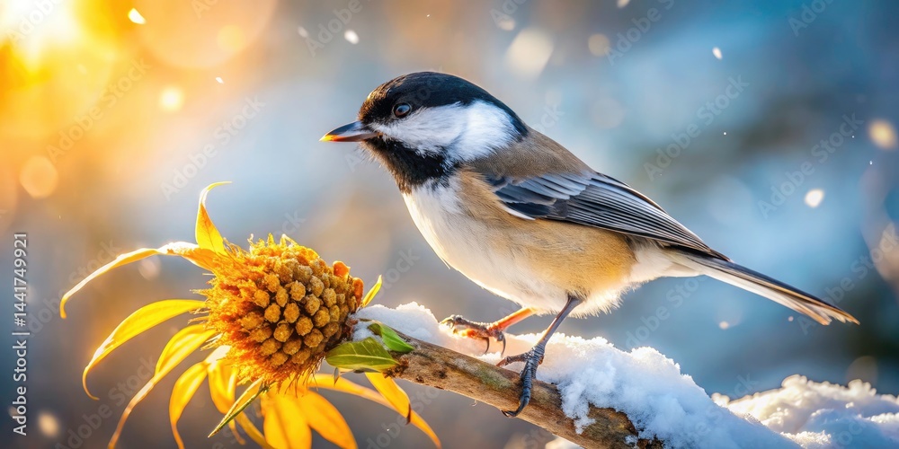 Obraz premium Black-capped Chickadee Bird on Branch Winter Food Photography - Wildlife Nature Image