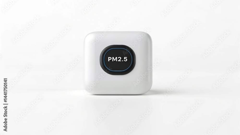 PM2.5 particles. Air quality monitor displaying PM2.5 measurement on a sleek white background. PM2.5 particles. Air quality monitor displaying PM2.5 measurement on a sleek white background.