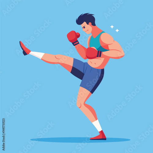 man boxing. male fighter in boxing gloves practices kick, punching and hitting. Strong  athlete at sports training or workout. Flat vector illustration isolated on background