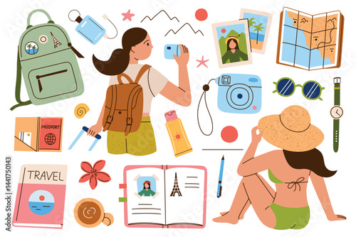 Vector illustration set on solo female travel experiences, with beach holidays, sightseeing, travel journal, and vacation memories, cute flat cartoon characters, stylish trip accessories