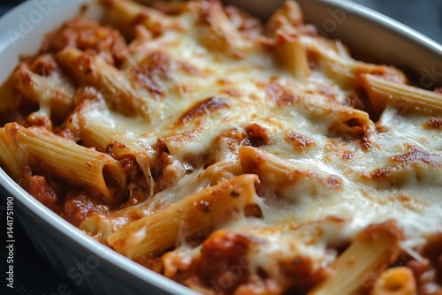 Baked Penne Pasta with Tomato Sauce and Mozzarella in a White Casserole Dish photo