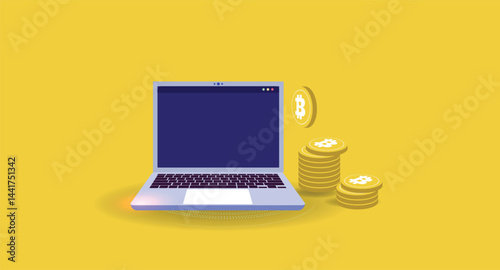 Flat-style illustration showing a laptop screen with charts and digital cryptocurrency coins like Bitcoin and Ethereum, symbolizing online trading, blockchain