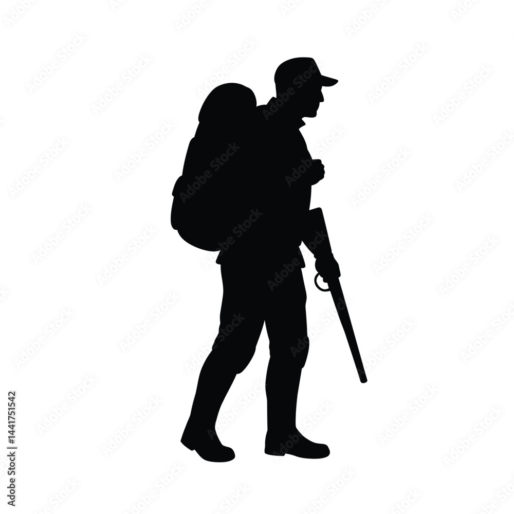 Silhouette of a hunter with rifle and backpack isolated on white background Silhouette of a hunter with rifle and backpack isolated on white background