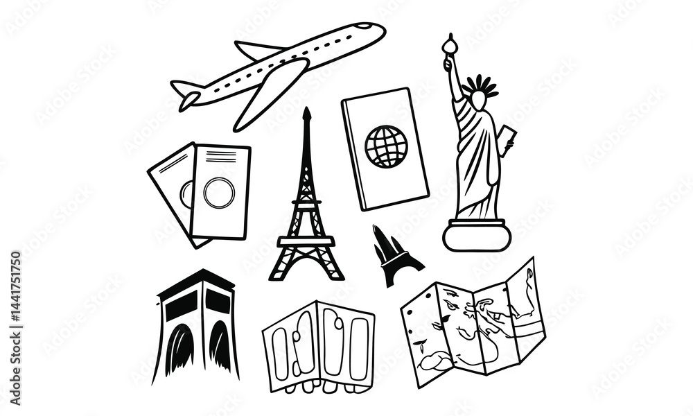 Fototapeta premium Travel themed elements in black and white.