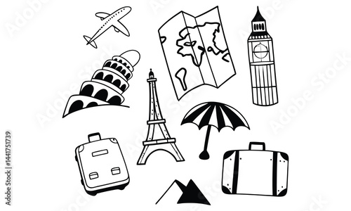 Travel themed elements in black and white.