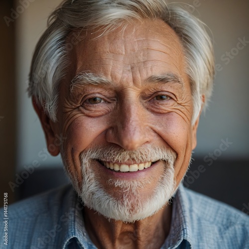 A Old man with smile face and looking at the camera. closeup look with white hair. background blur. senior person of our socity.