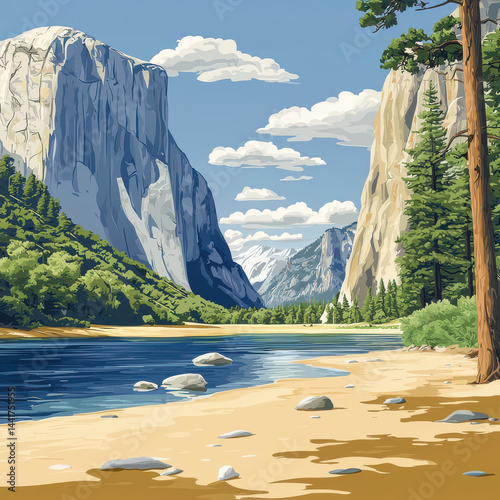 serene landscape of Yosemite with cliffs and river