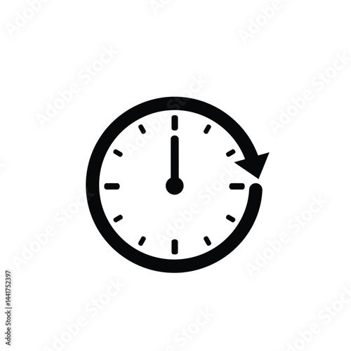 Clock icon with arrow indicating time passing forward in a black outline
